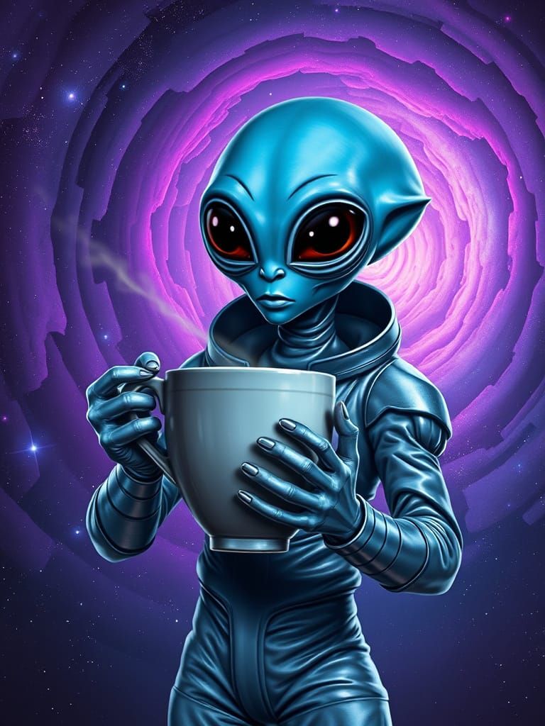Alien in Metallic Jumpsuit Holding Cosmic Coffee Cup