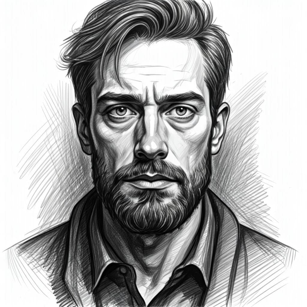 Expressive Pencil Portrait with Strong Jawline
