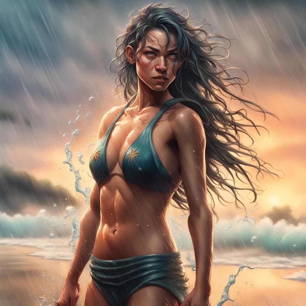 Blonde Warrior Woman on Rainy Beach: Splash Art