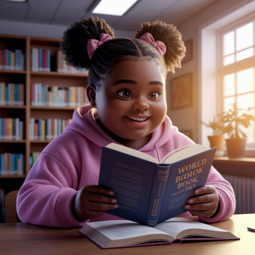 Radiant Black Girl Reads in School Library on World Book Day