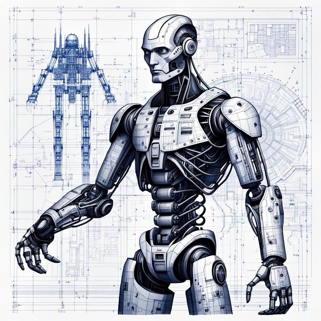 Technical Illustration: Half-Man, Half-Robot Blueprint