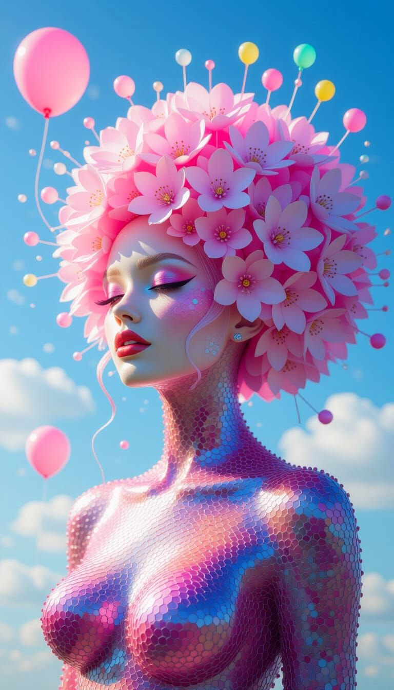 Elegant Albino Woman Made of Balloons in Escher Style Archit...