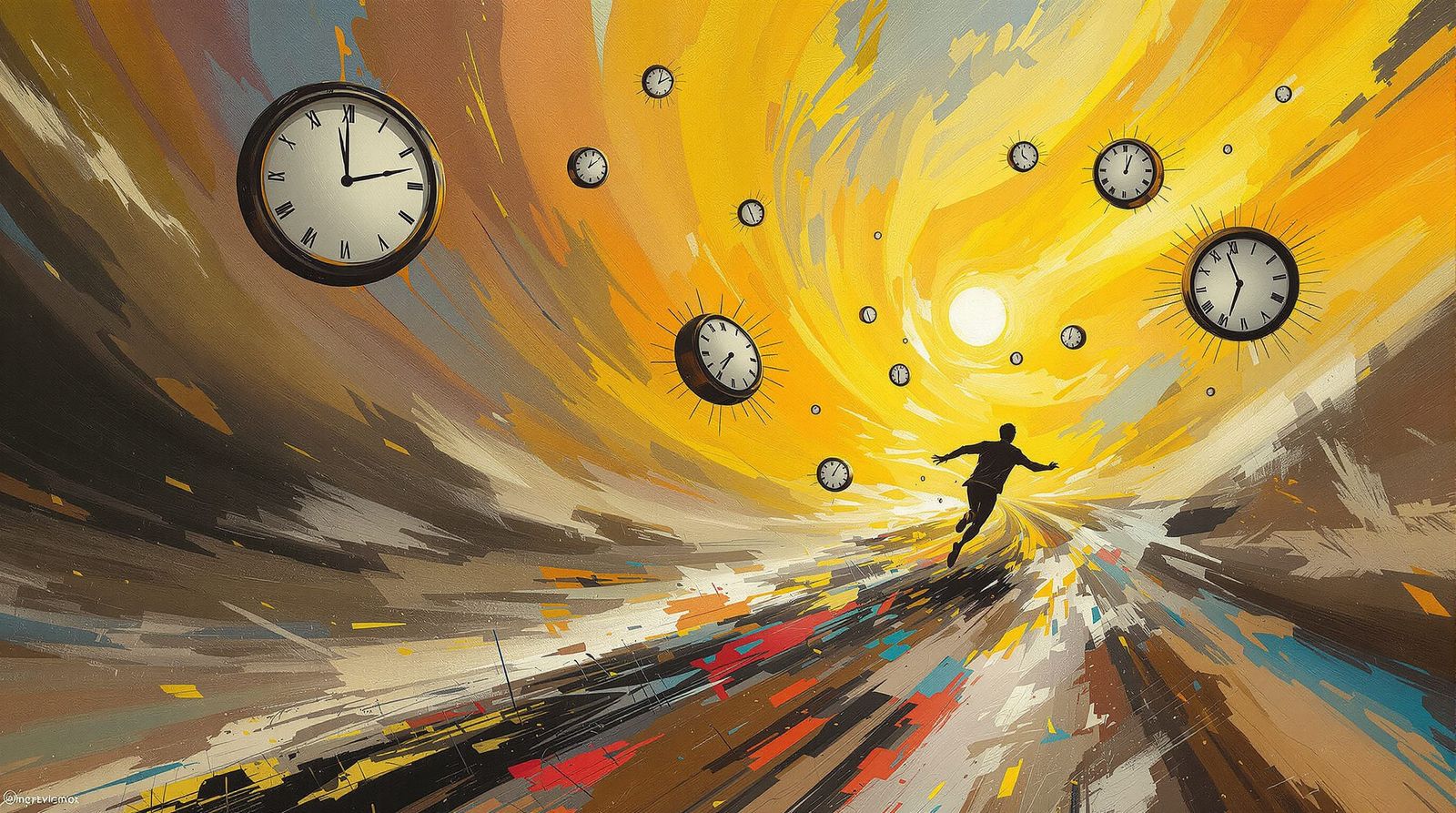 Surreal Concept Art: Man Chasing Clocks in Abstract Landscap...