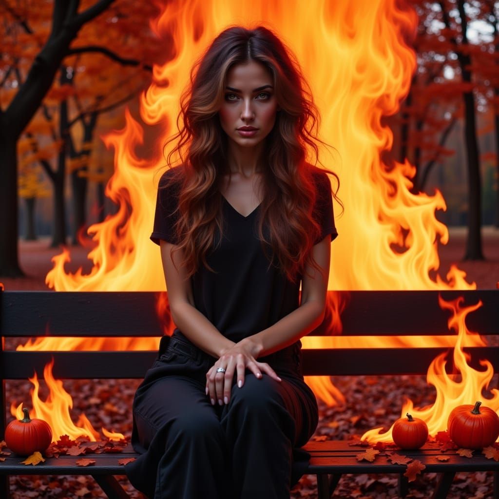 Woman in Autumn Foliage with Fiery Portrait Style
