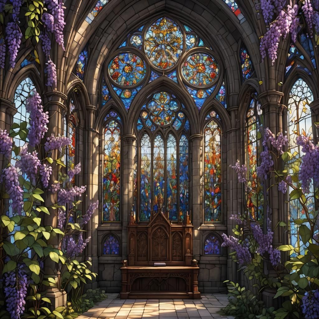 Wisteria Cathedral: Stained Glass Fantasy in Matte Painting
