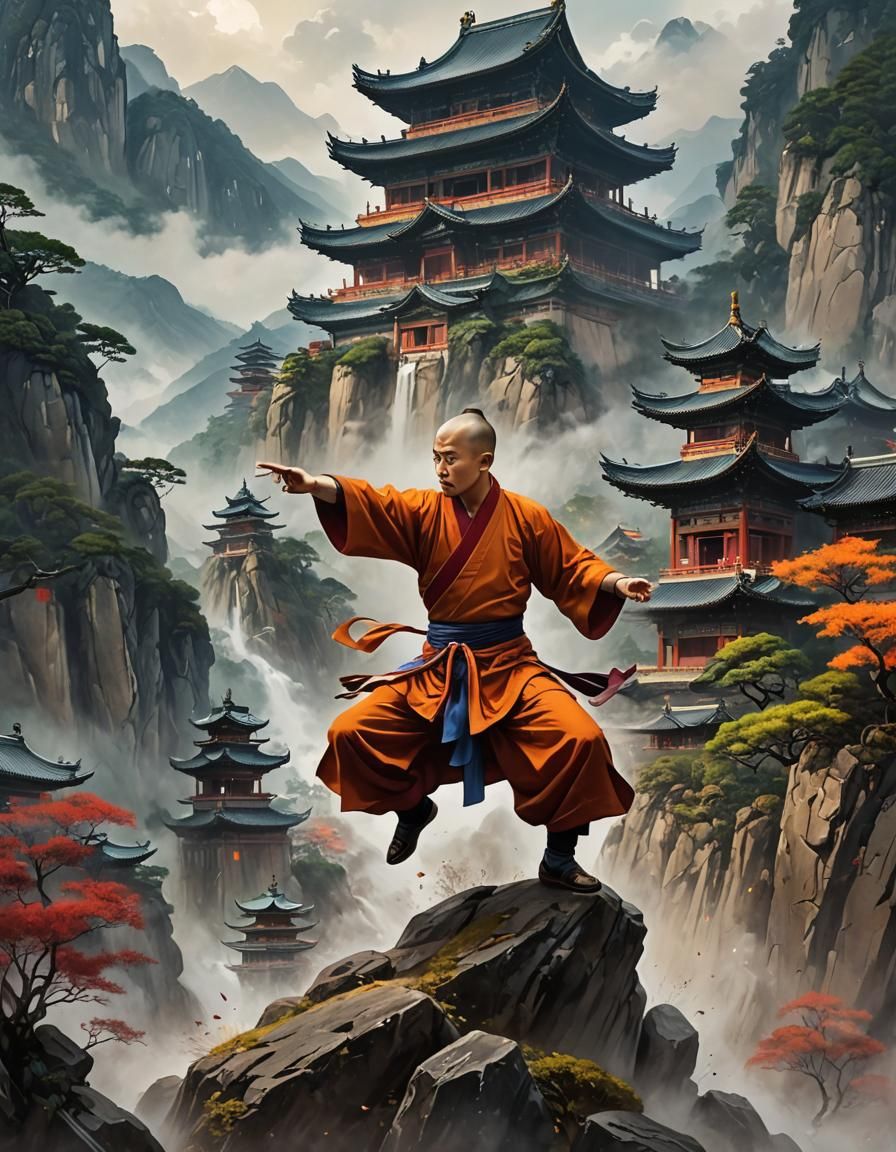 Kung Fu Monk at Misty Temple: Anime Watercolor