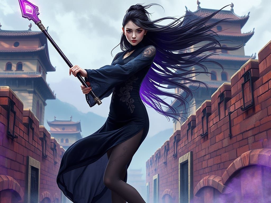 Mysterious Woman Unleashes Purple Magic Amidst Ancient City