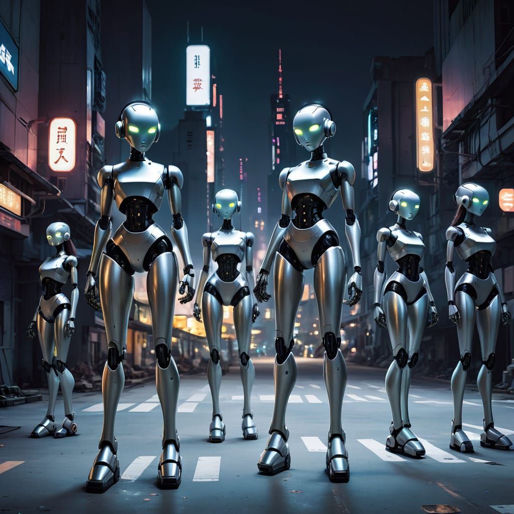 Robot Girls Pose in Retrofuturistic Cityscape