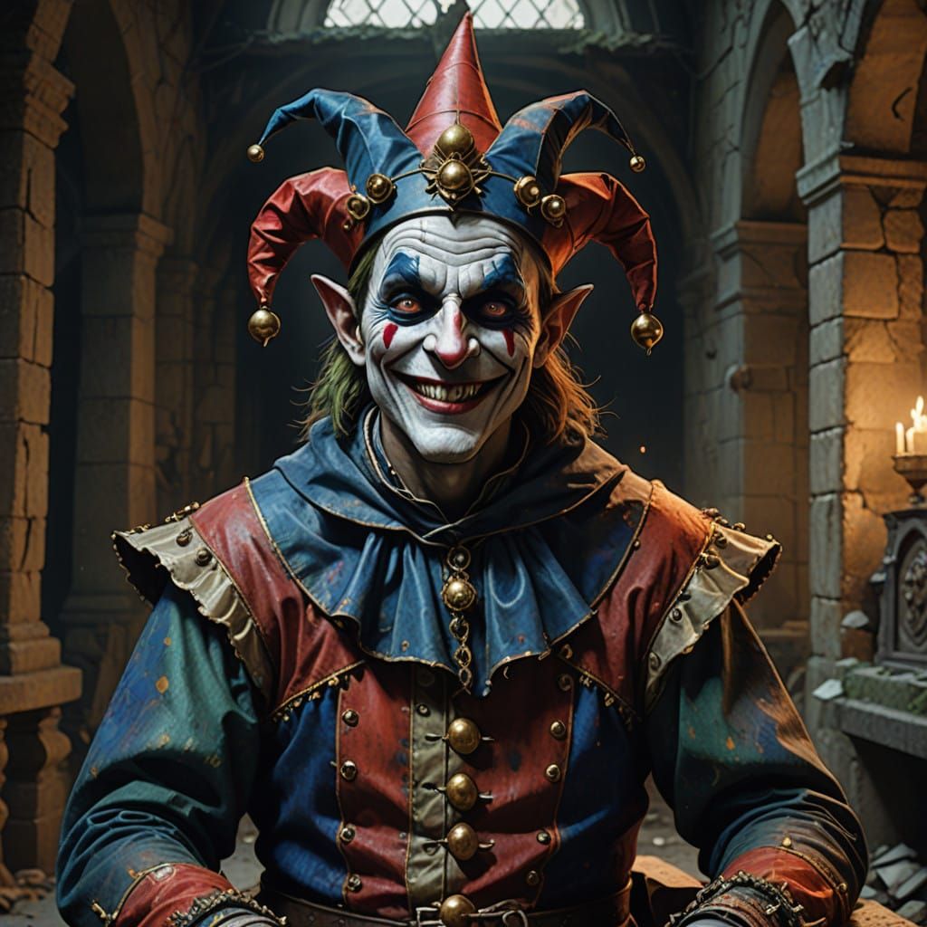 Grotesque Jester in Abandoned Castle Throne Room