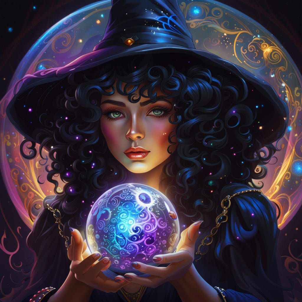 Young Witch Gazing into Magic Ball: Digital Art