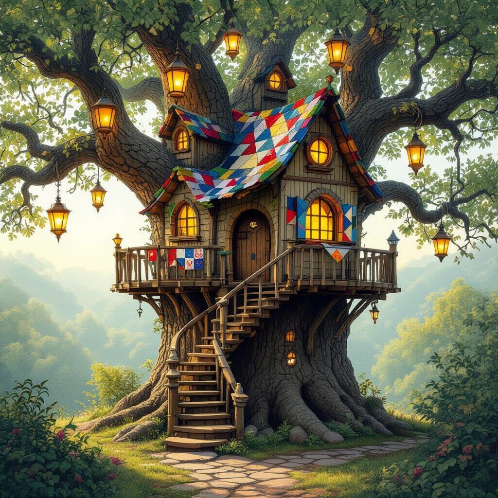 Whimsical Treehouse in Ancient Oak: Painterly Style