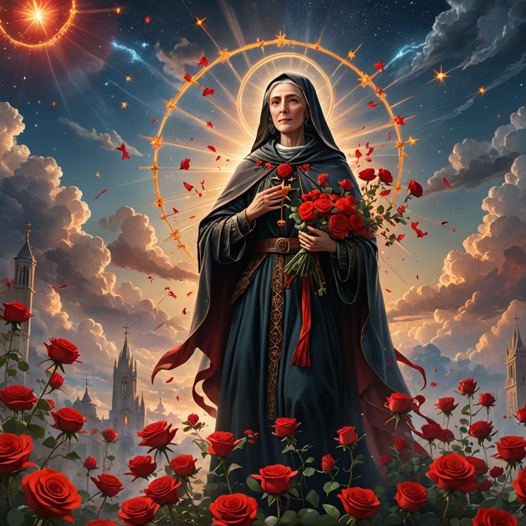 St Rita of Cascia with Roses in Radiant Sky
