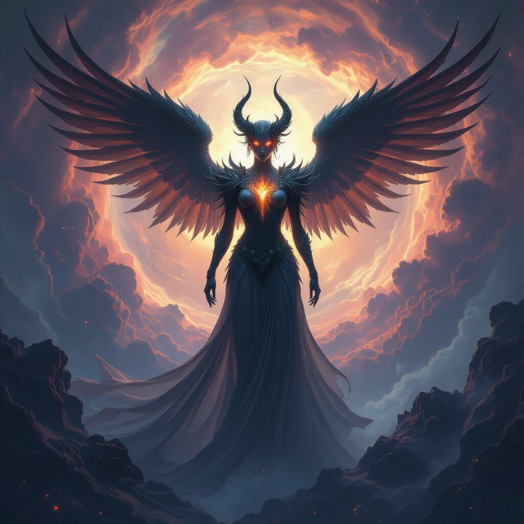 Celestial Being in Cosmic Vortex, Dark Fantasy Style