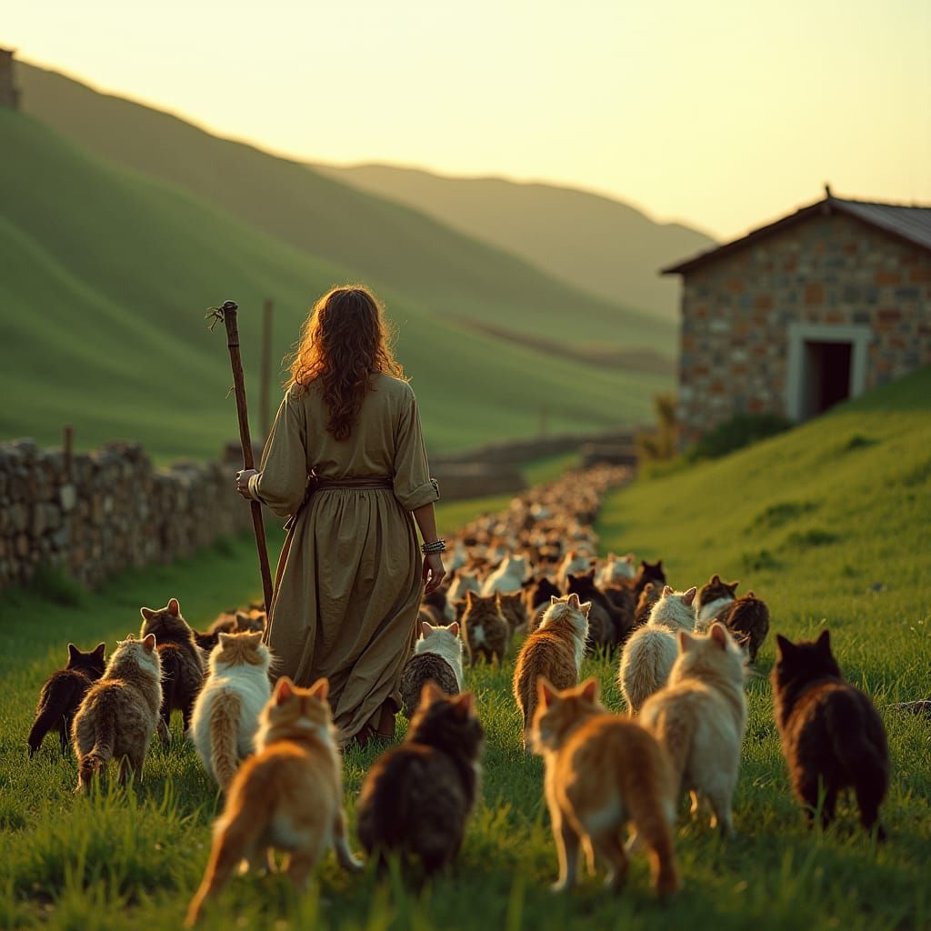 Shepherdess Herding Cats on Emerald Hillside