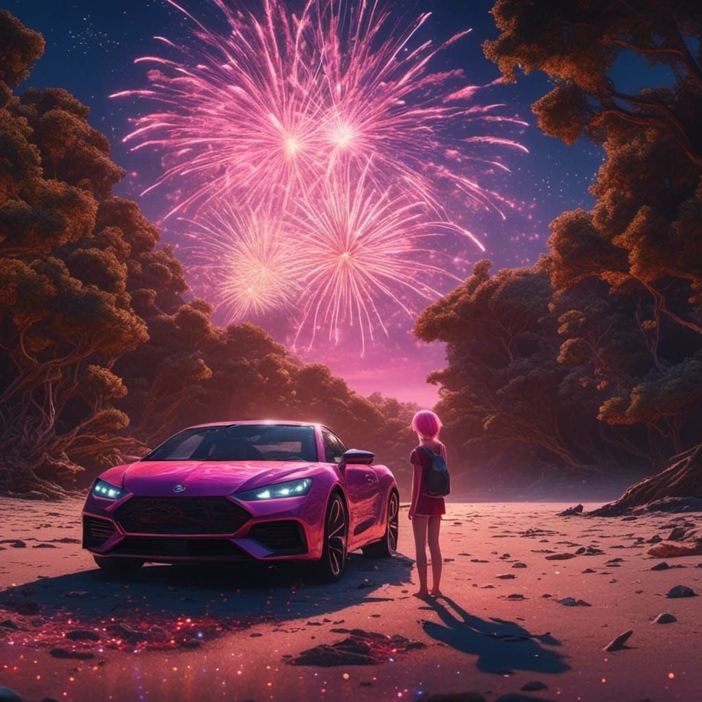 Pink-Haired Girl Watches Fireworks on Beach