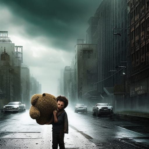 Post-Apocalyptic Despair: Young Man with Teddy Bear