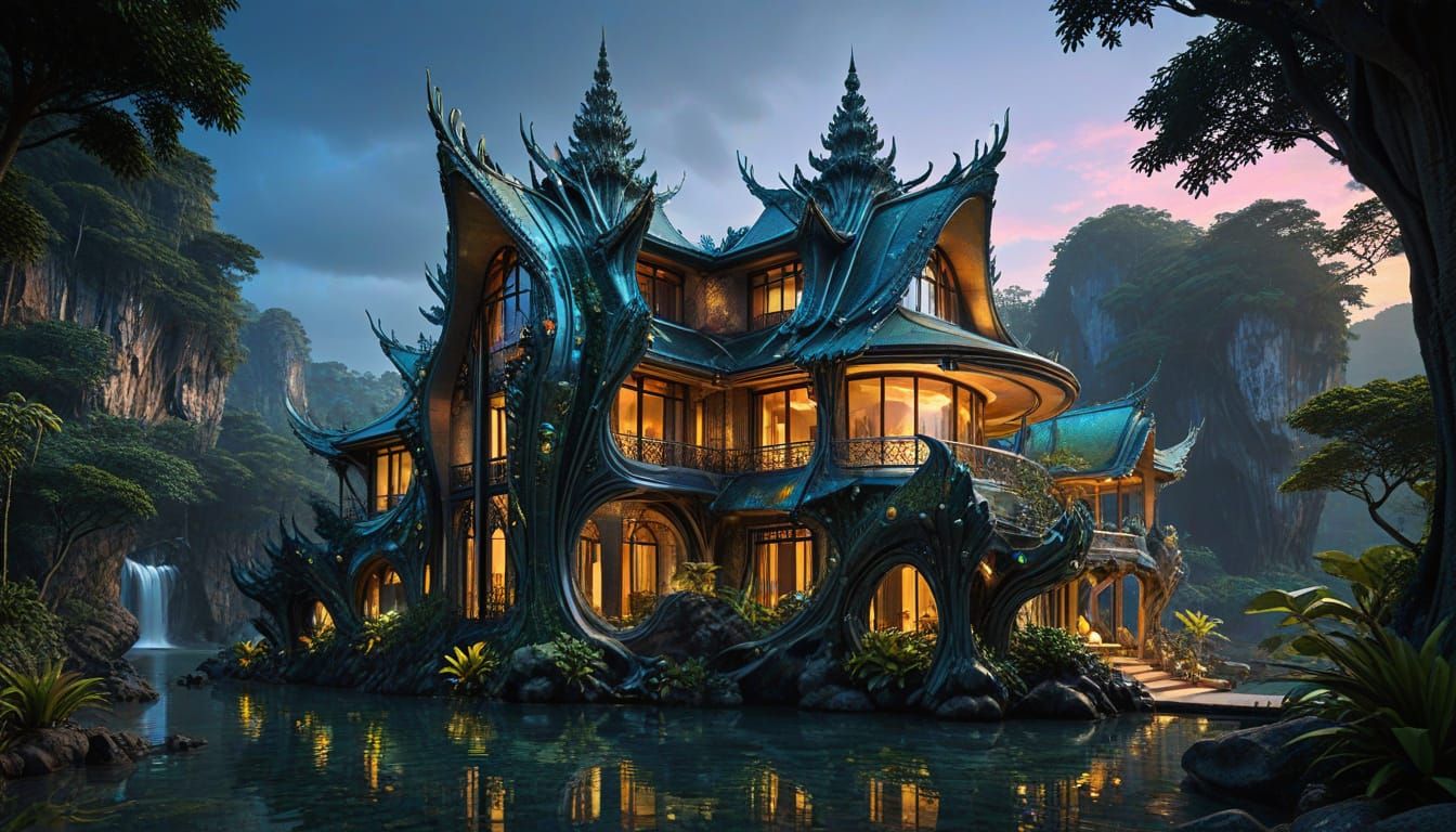 Seaside fantasy architecture in the twilight