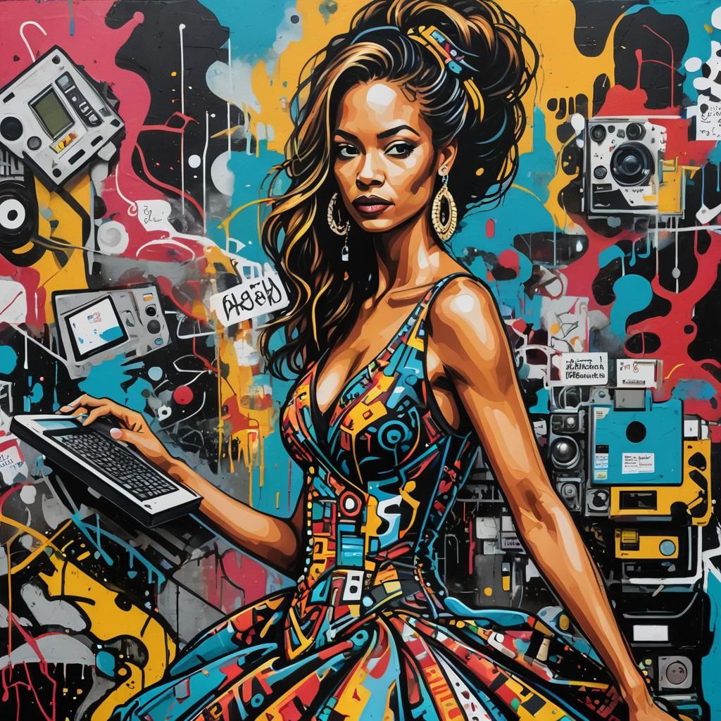 Energetic Street Art: Woman with Allspark Computer