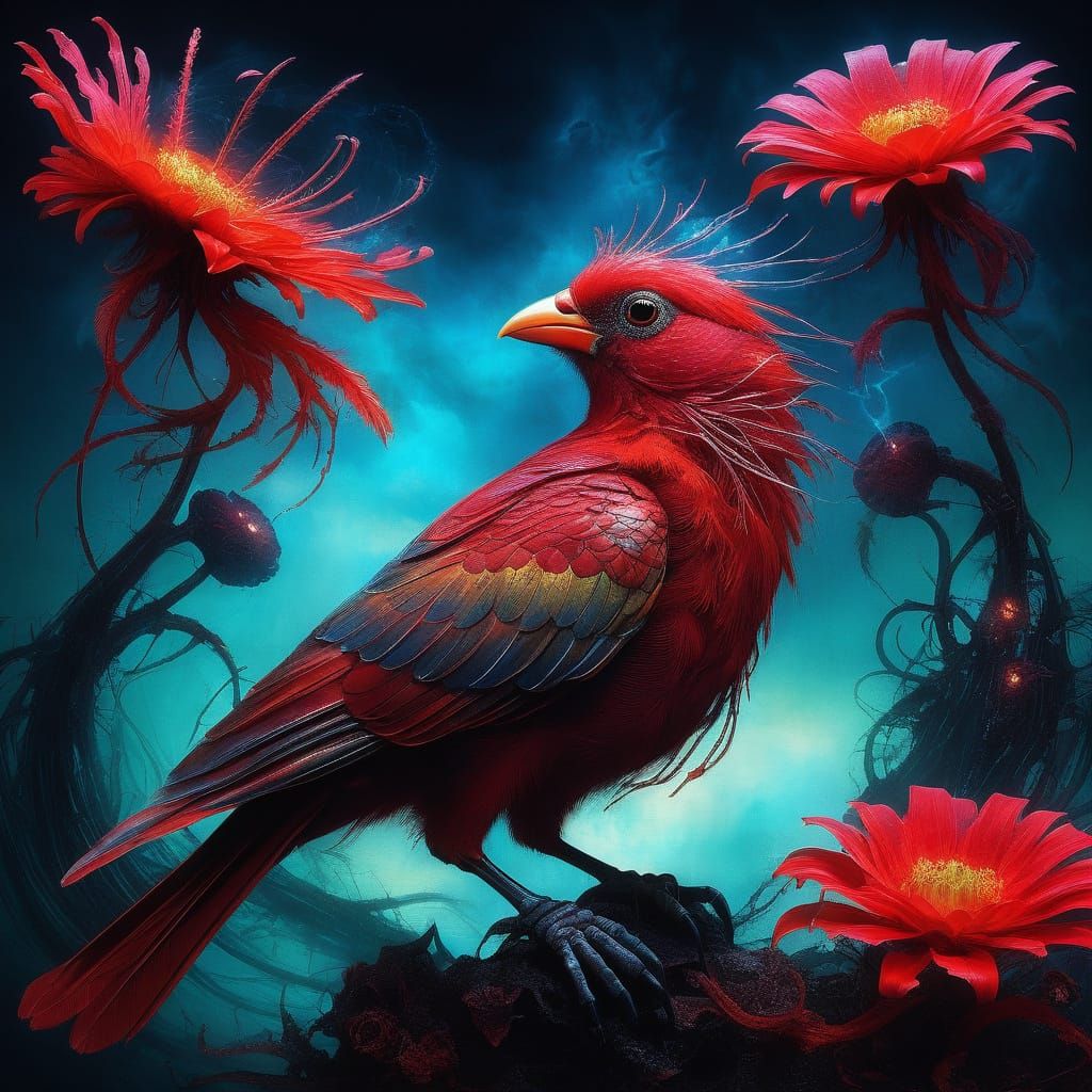 Biomechanical Bird with Alien Flower in Surreal Style