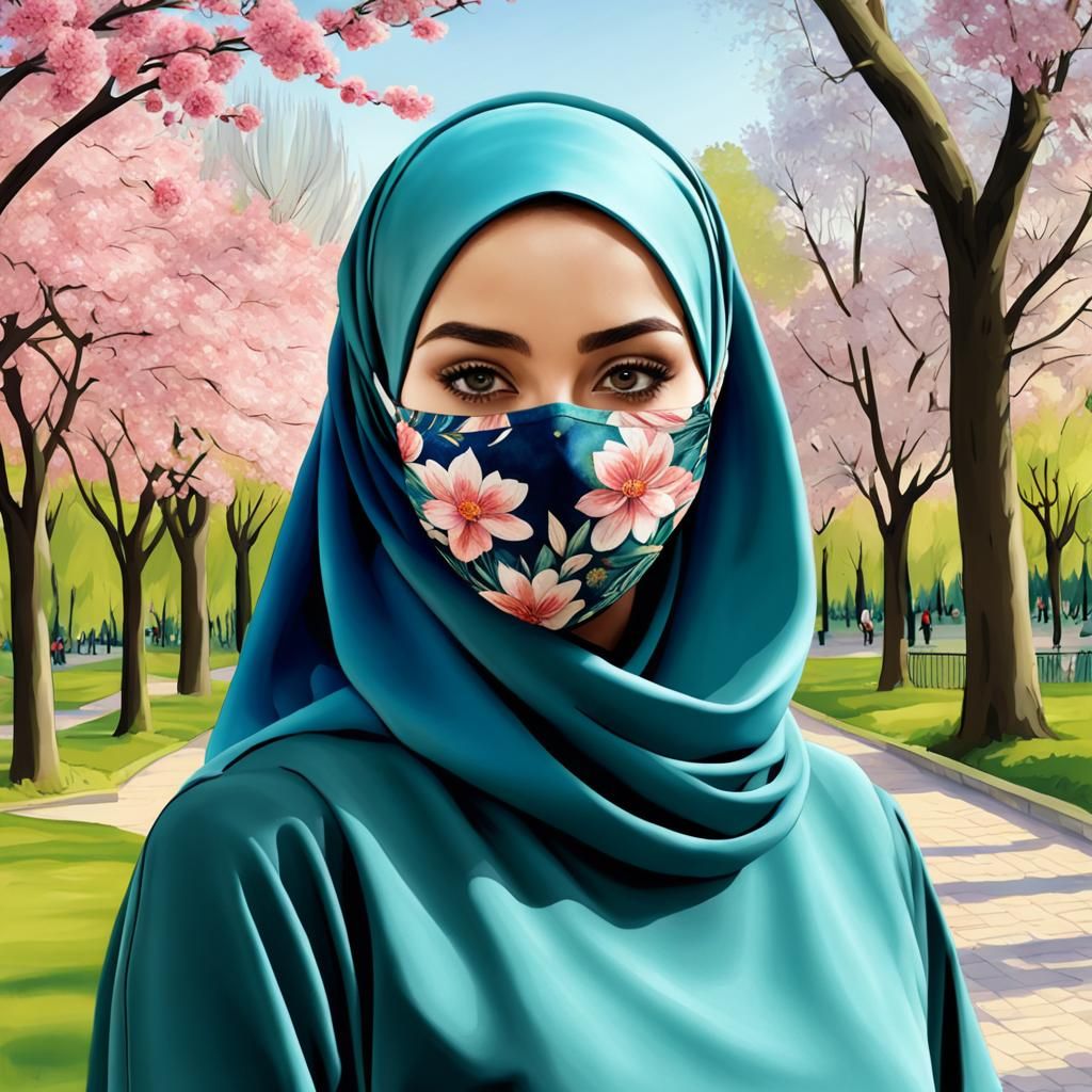 Beautiful Hijabi Woman in Spring Park Oil Painting
