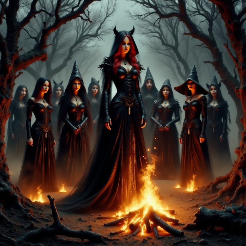 Witches' Coven Lit by Bonfire in Unreal Engine Style