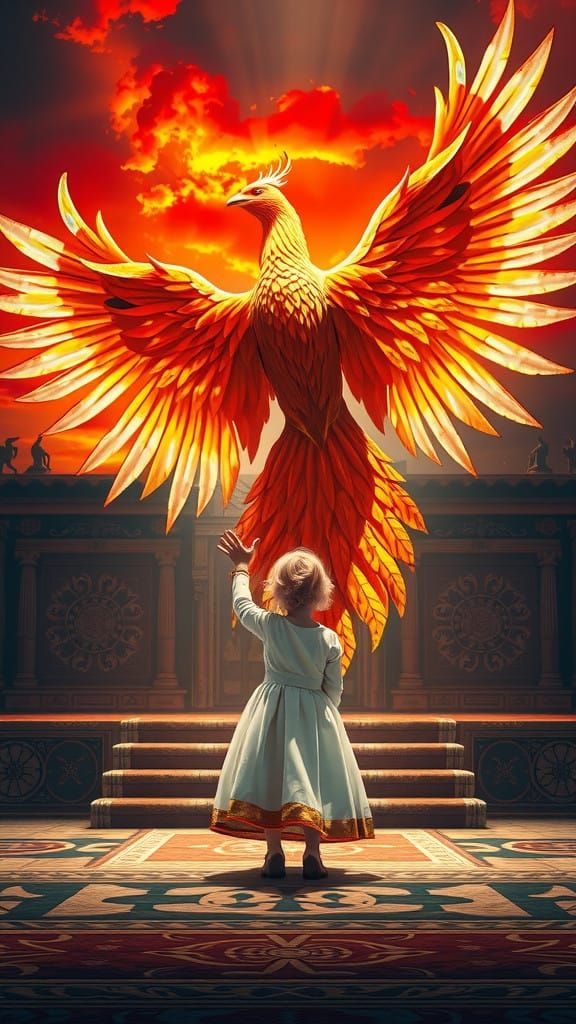 Serene Child Meets Majestic Phoenix on Ancient Stage in Impr...