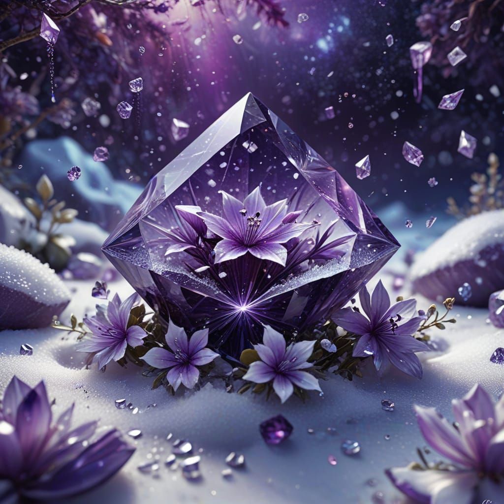 Purple Crystal and Flowers in Oil Painting Style