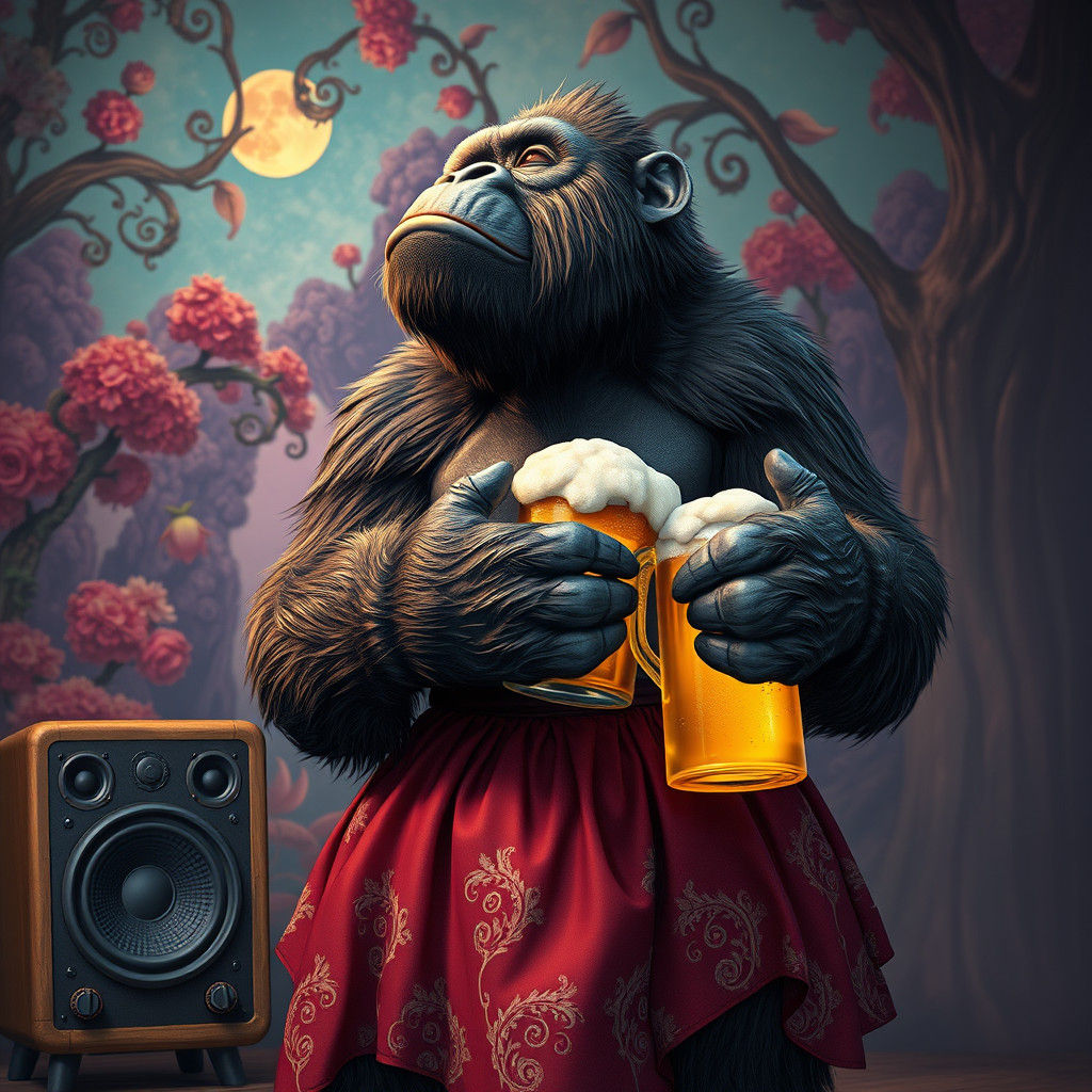 Gorilla in Art Nouveau Skirt Gazing Dreamily
