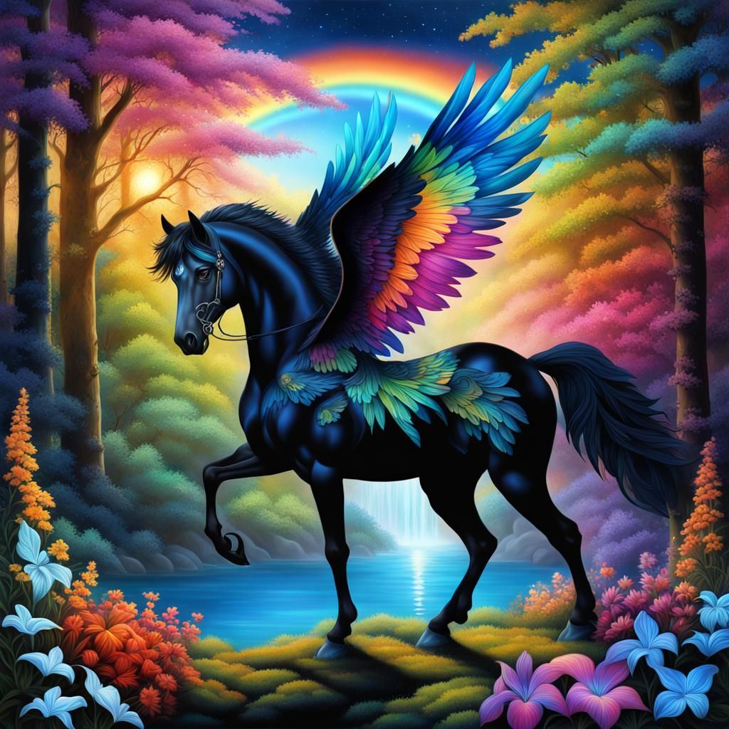 Black Pegasus in Mystical Forest, Art Nouveau Painting