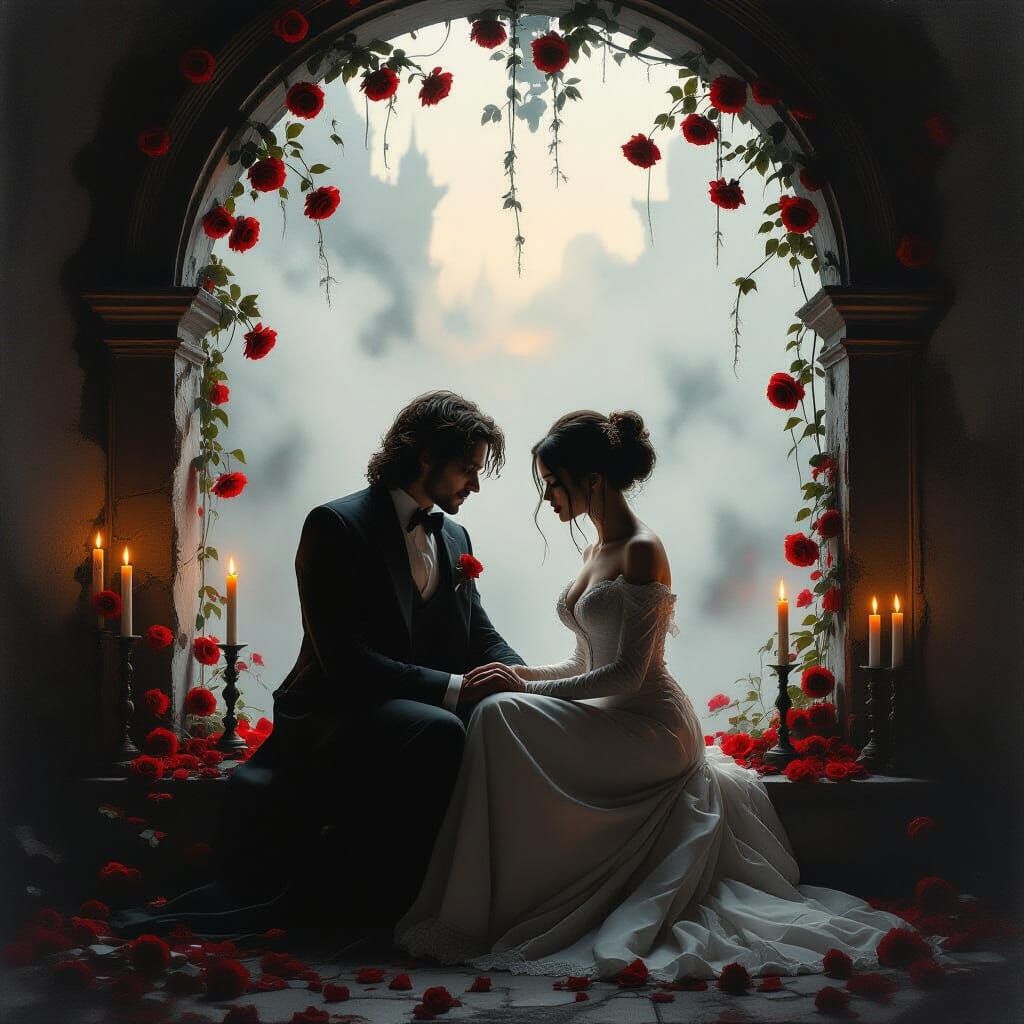 Skeletal Lovers Under Rose Archway in Ruined Ballroom