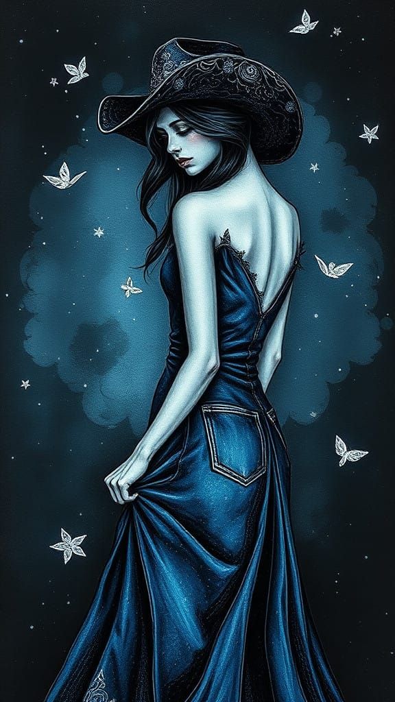 Enchanted Denim Cowgirl Bride in Magical Realism Style