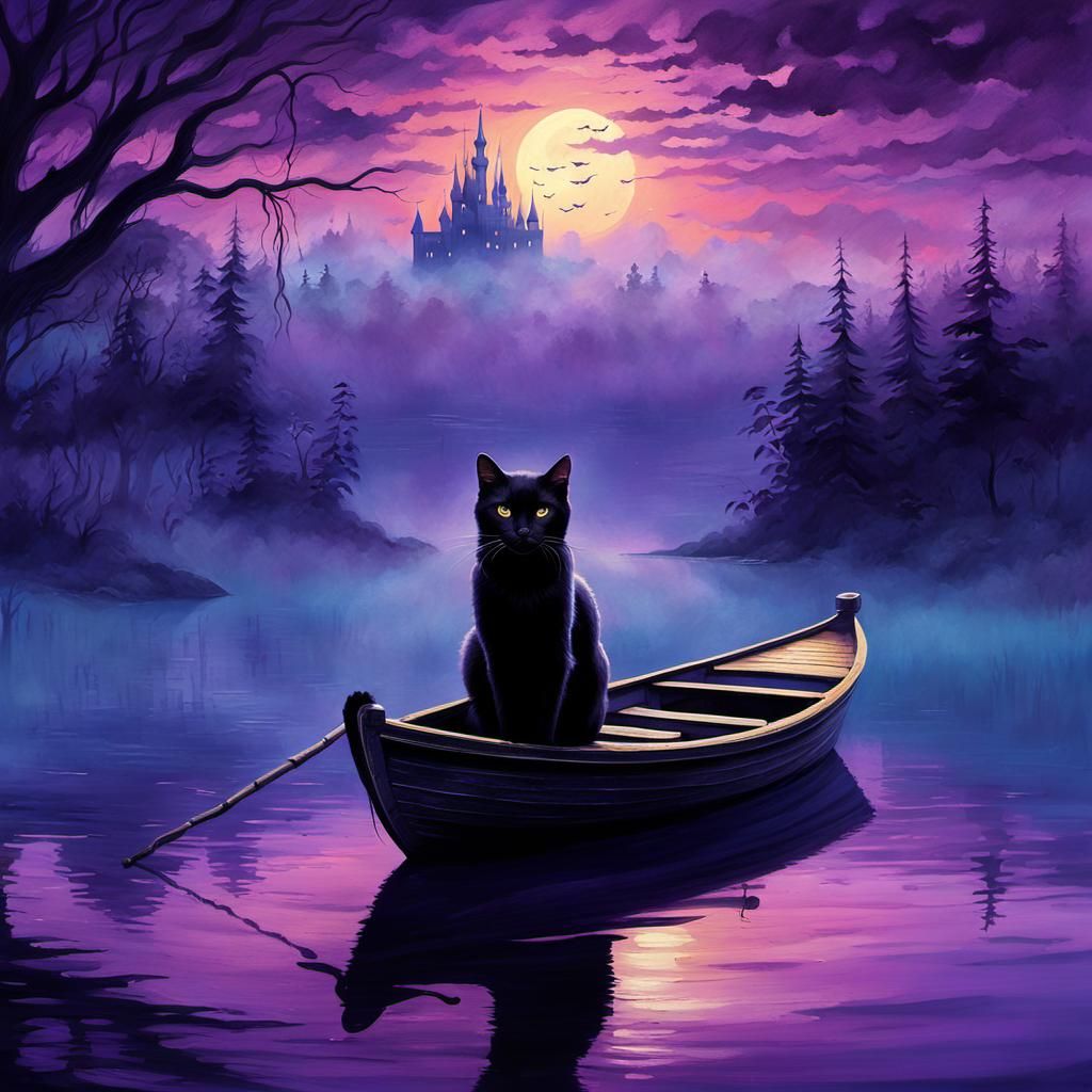 Enchanting Black Cat on Boat in Ethereal Lake