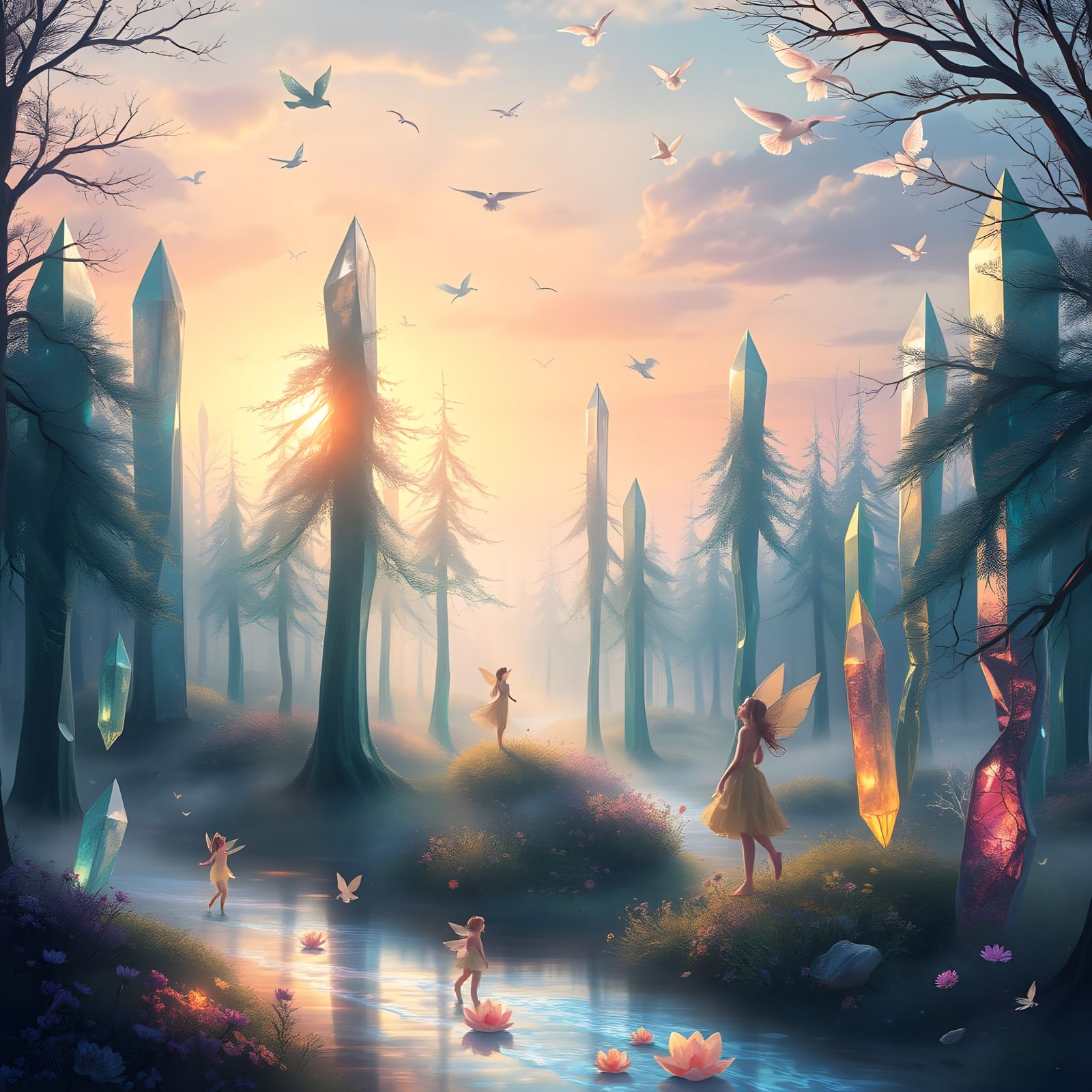 Rainbow Crystal Forest at Dawn