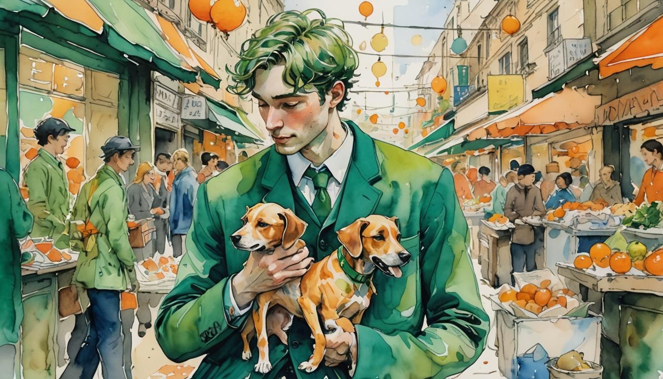 Man in Green Uniform with Dog, Whimsical Illustration
