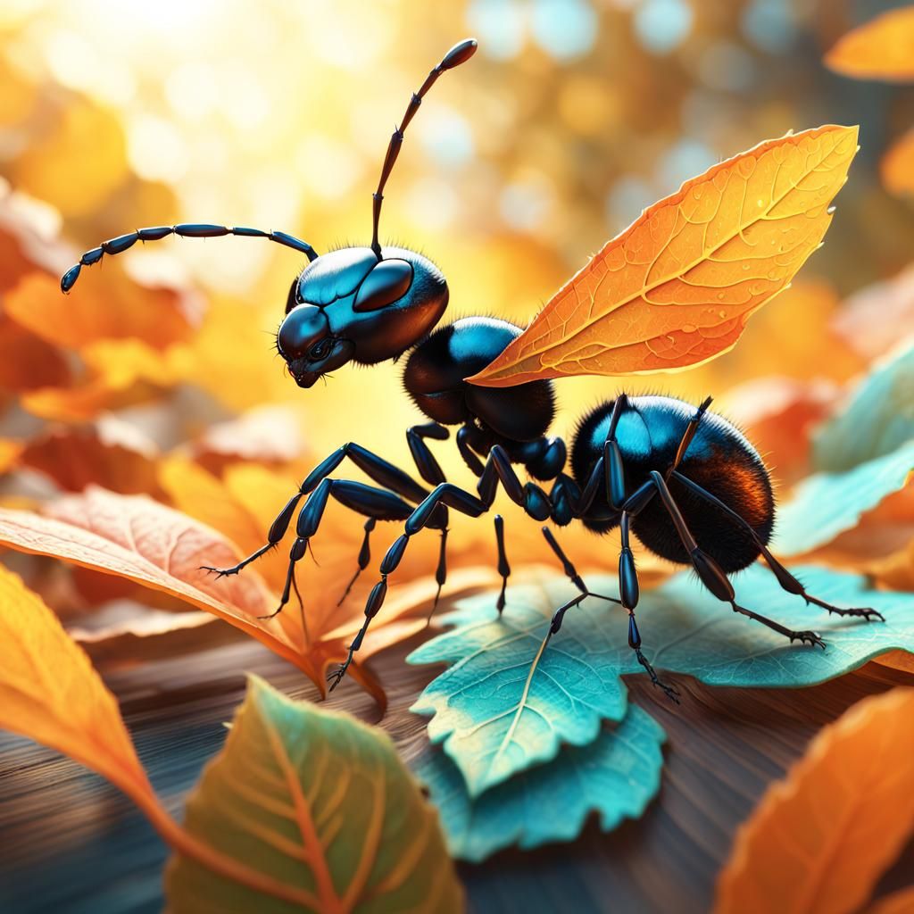 Autumn Ant's Leaf Ride: Splash Art in Organic Style