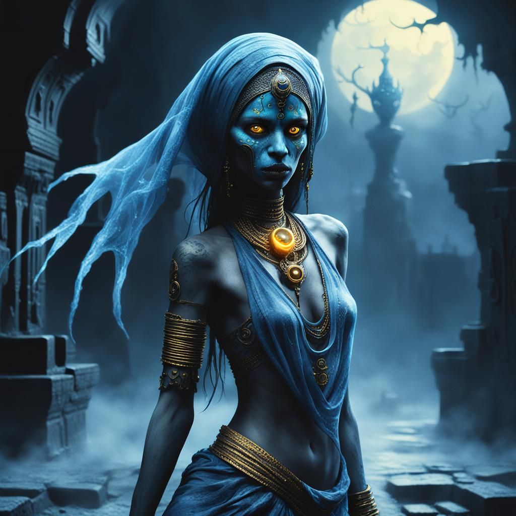 Eerie Blue Djinn in Dark Fantasy Art Style