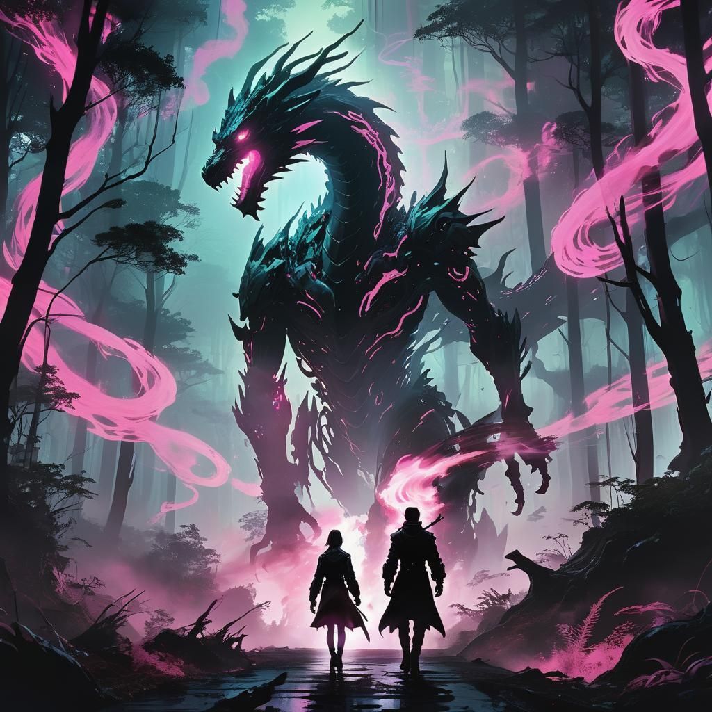 Cyberpunk Anime Dragon in Foggy Forest