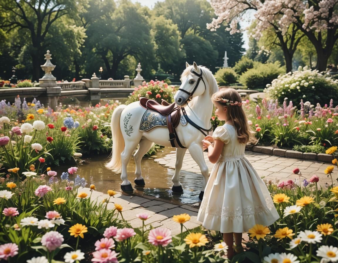 Dreamlike Rocking Horse Feast by a Fountain