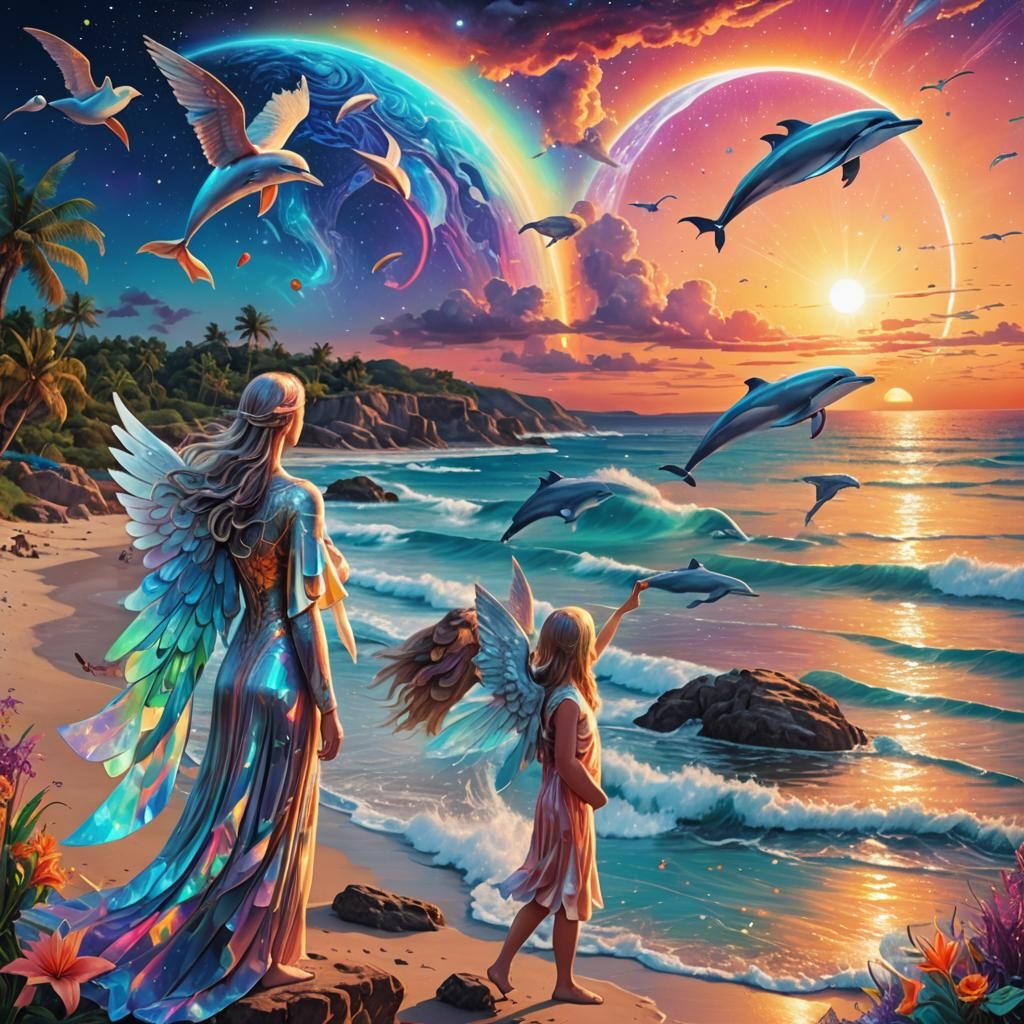 Angels Watching Dolphins at Beach Sunrise