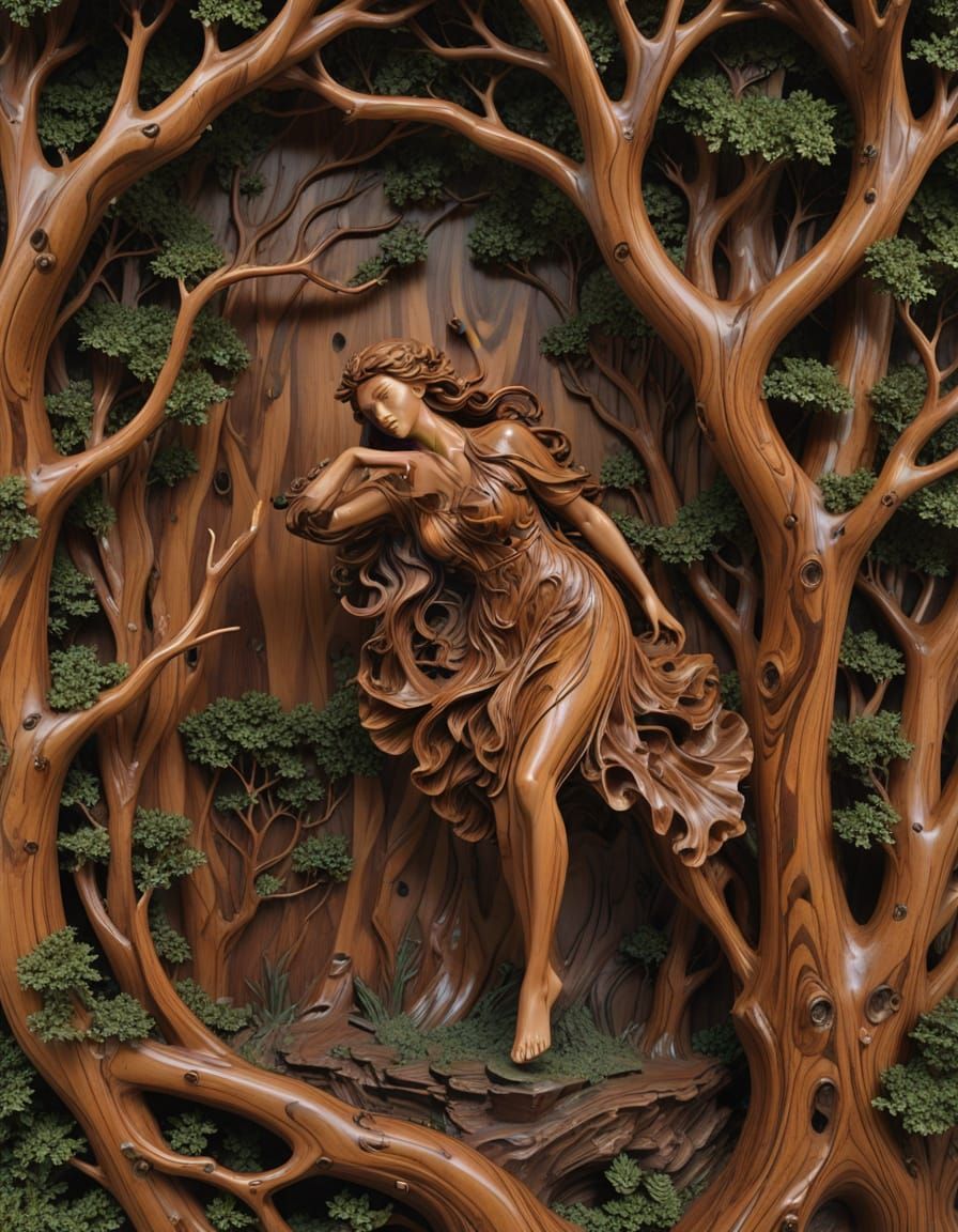 Wooden Goddess Emerges from Forest Depths in Polished Teak W...