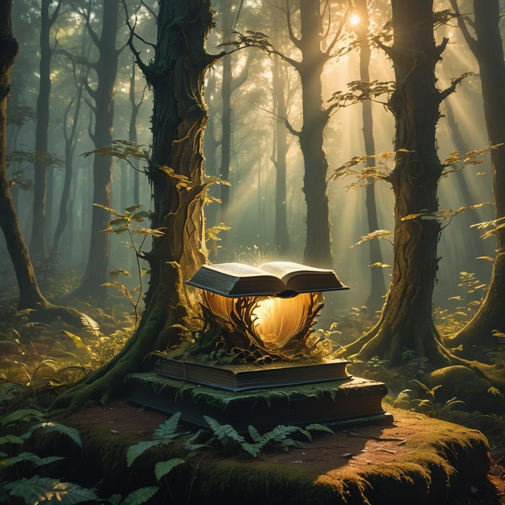 Glowing Book in Dreamlike Forest: Ethereal Artwork