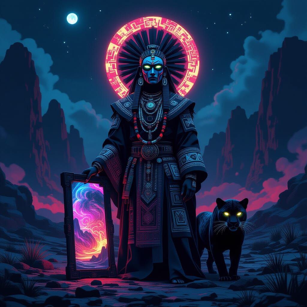 Tezcatlipoca in Obsidian Landscape, Patrick Nagel Style