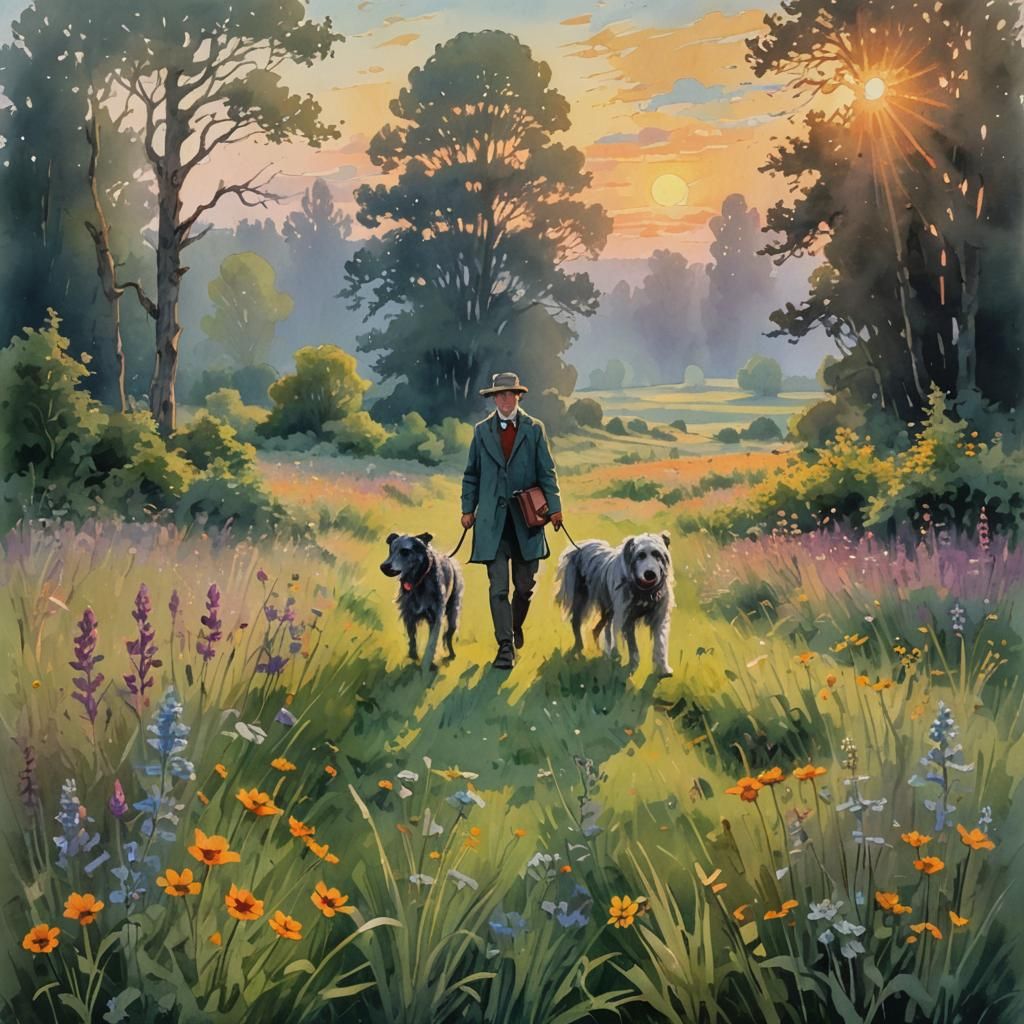 Sunrise Meadow Walk: Gouache Impressionist Painting