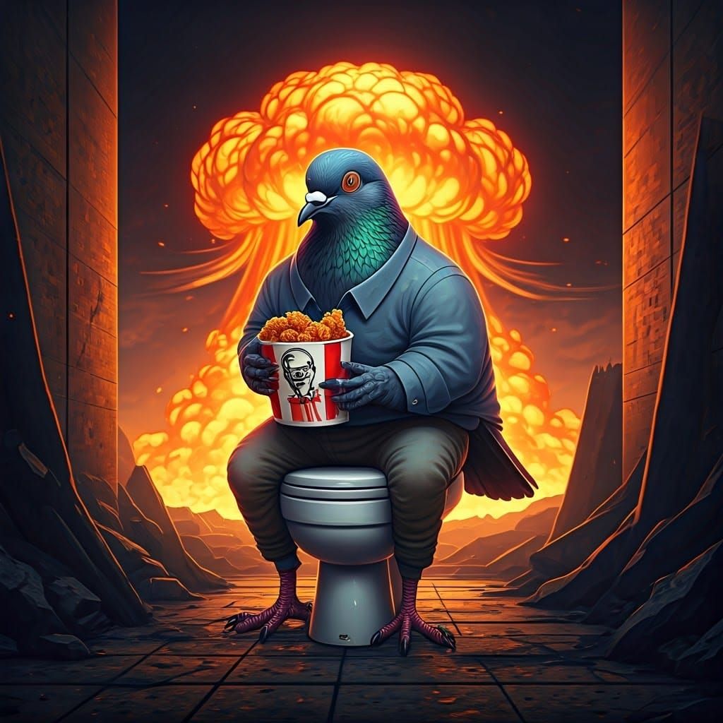 Pigeon in Nuclear Apocalypse, Enjoying KFC, in Anime-Inspire...