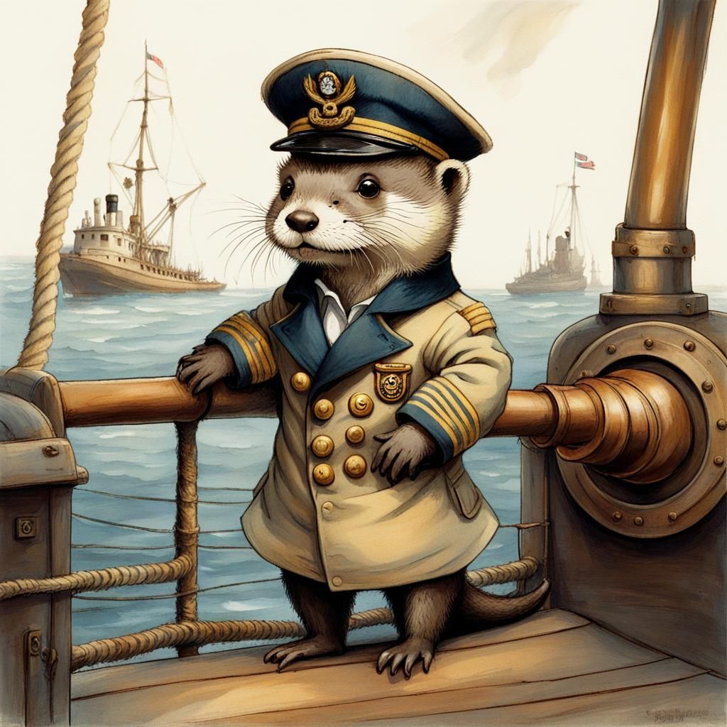 Cute Otter Captain on Tugboat, Anthropomorphic Art
