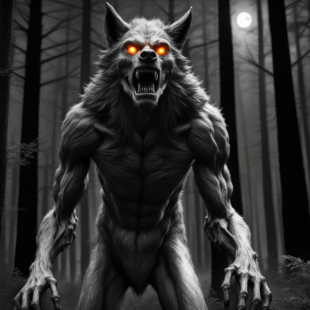 Scary Werewolf Stalker in Hyperrealistic Charcoal Sketch