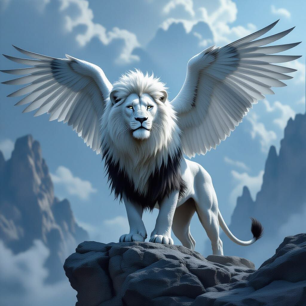Majestic White Lion Eagle Hybrid with Outstretched Wings