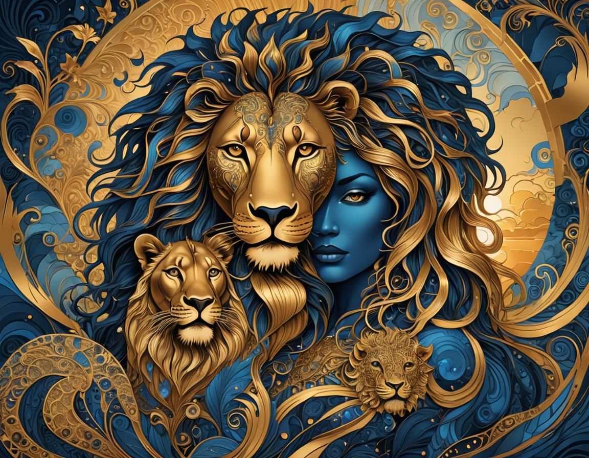 Woman and Lion in Gold and Blue Art Brut Style