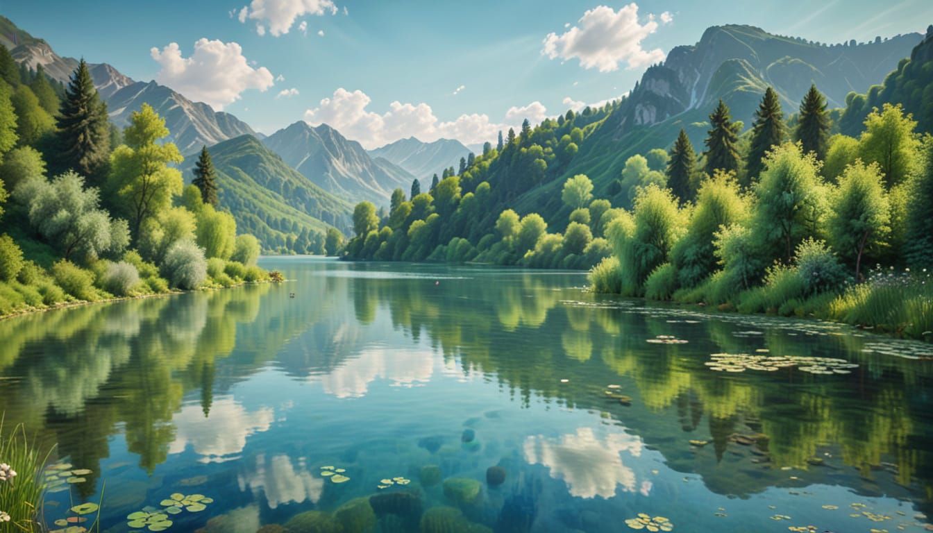 Serene Impressionist Landscape with Lush Green Mountains and...