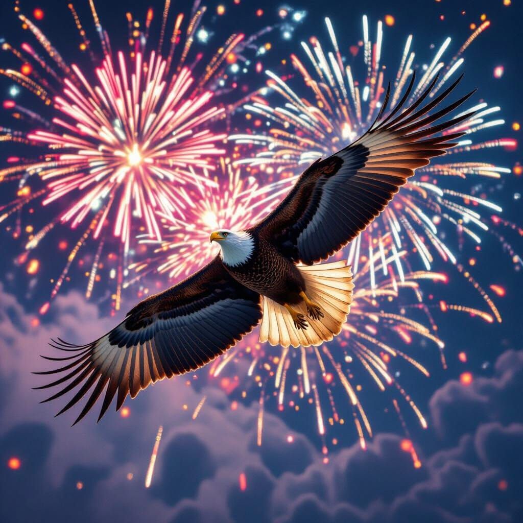 Eagle Soaring Through Fireworks in Futuristic Style